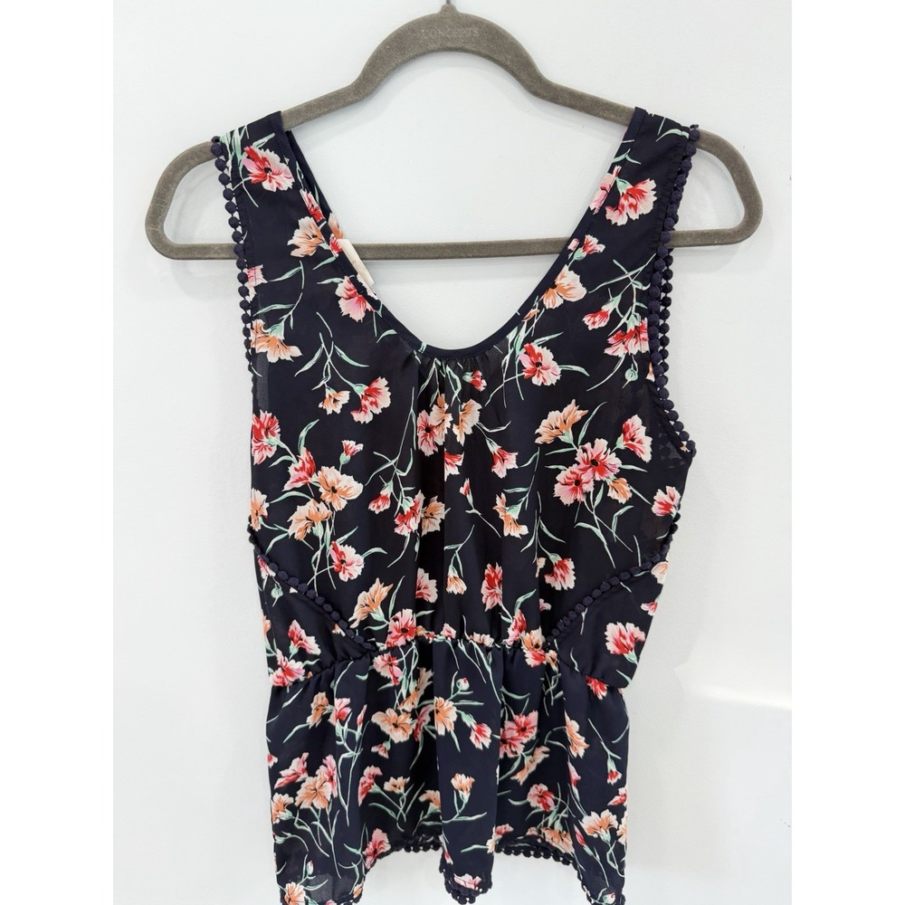 Sienna Sky Navy Floral Top Small V Neck Pom Pom Trim Sleeveless Boho - Picture 2 of 8